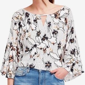 Free People Last Time Ivory Floral Drape Keyhole Bell Sleeve Blouse SIze S EUC